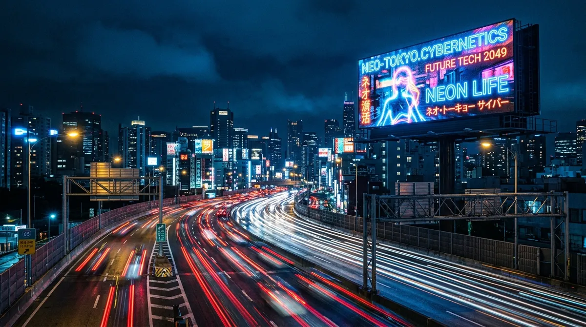 Signtral billboard above a city street at night